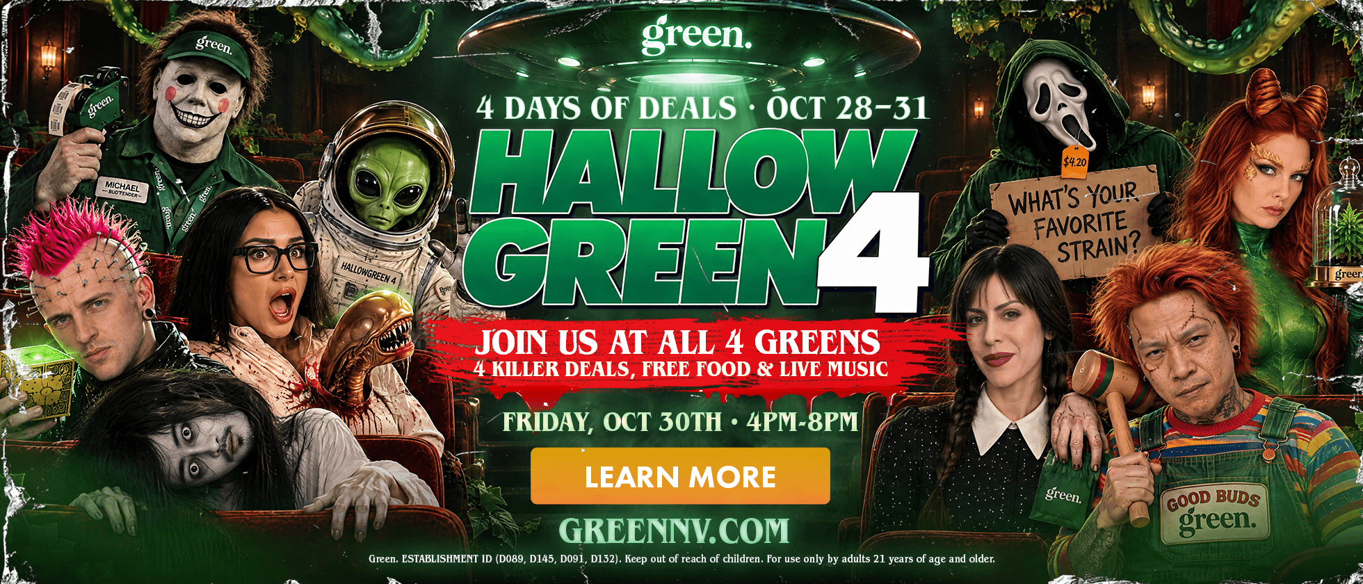 Vertical Hallow Green 4 Halloween poster. A movie-theater audience of costumed horror and sci-fi characters sits beneath a green UFO beam, with a red-haired plant villain holding a cannabis plant in a glass dome at center and a long-haired ghost girl crawling over the title. Text reads: “It’s a celebrations, witches! Hallow Green 4. 4 killer deals, free food and live music. Friday, Oct 30th, 4PM–8PM. Join us at all 4 locations. Learn more at greennv.com