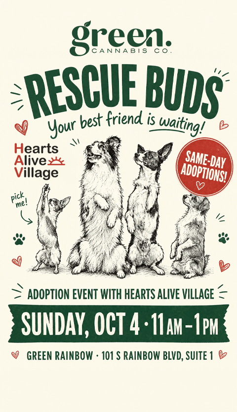 Illustrated flyer of four rescue dogs sitting up and begging. Text: "Rescue Buds, adoption event with Hearts Alive Village. Same-day adoptions. Sunday, Oct 4, 11 AM to 1 PM at Green Rainbow, 101 S Rainbow Blvd, Suite 1."