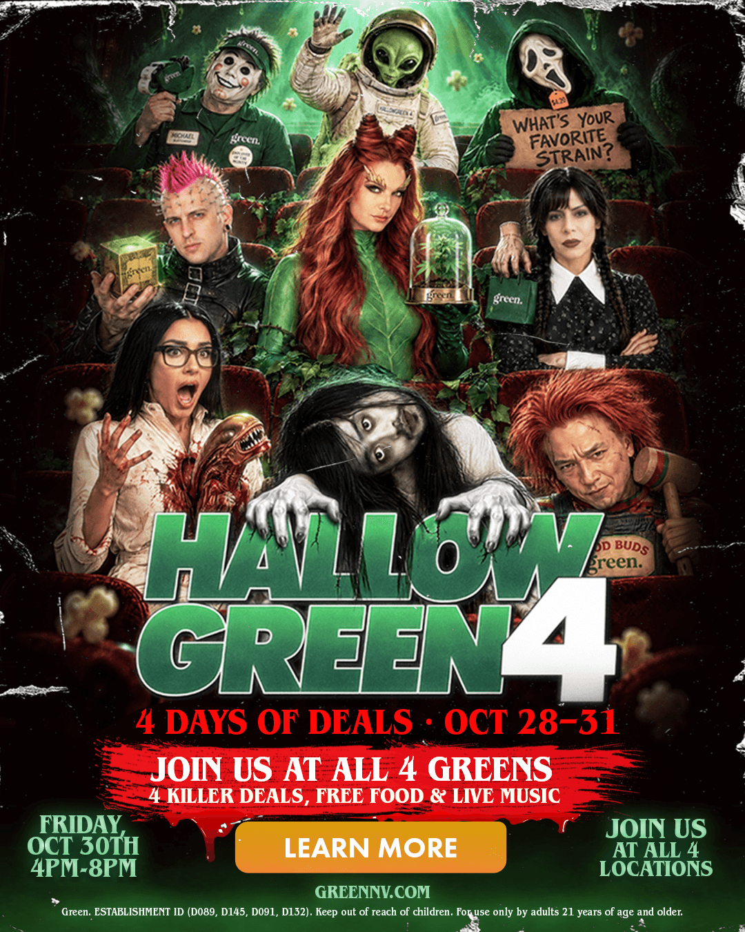 Vertical Hallow Green 4 Halloween poster. A movie-theater audience of costumed horror and sci-fi characters sits beneath a green UFO beam, with a red-haired plant villain holding a cannabis plant in a glass dome at center and a long-haired ghost girl crawling over the title. Text reads: “It’s a celebrations, witches! Hallow Green 4. 4 killer deals, free food and live music. Friday, Oct 30th, 4PM–8PM. Join us at all 4 locations. Learn more at greennv.com