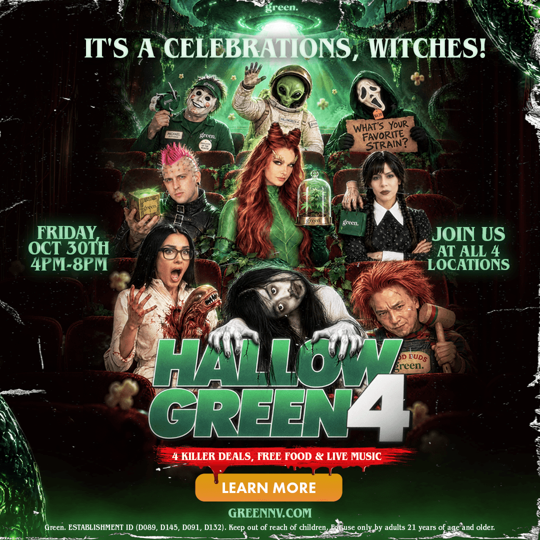 Vertical Hallow Green 4 Halloween poster. A movie-theater audience of costumed horror and sci-fi characters sits beneath a green UFO beam, with a red-haired plant villain holding a cannabis plant in a glass dome at center and a long-haired ghost girl crawling over the title. Text reads: “It’s a celebrations, witches! Hallow Green 4. 4 killer deals, free food and live music. Friday, Oct 30th, 4PM–8PM. Join us at all 4 locations. Learn more at greennv.com